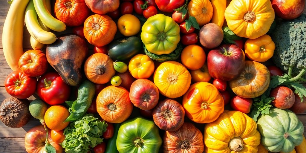 Assortiment coloré de fruits et légumes frais sur une table en bois.