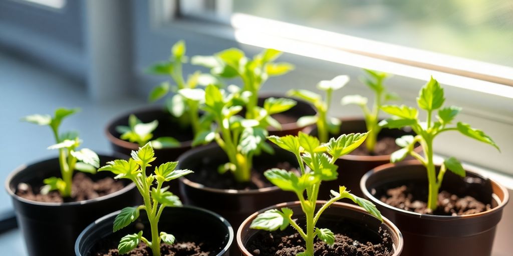 Junge Tomatenpflanzen auf Fensterbank
