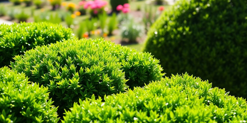 Trimmed shrubs in a manicured garden.