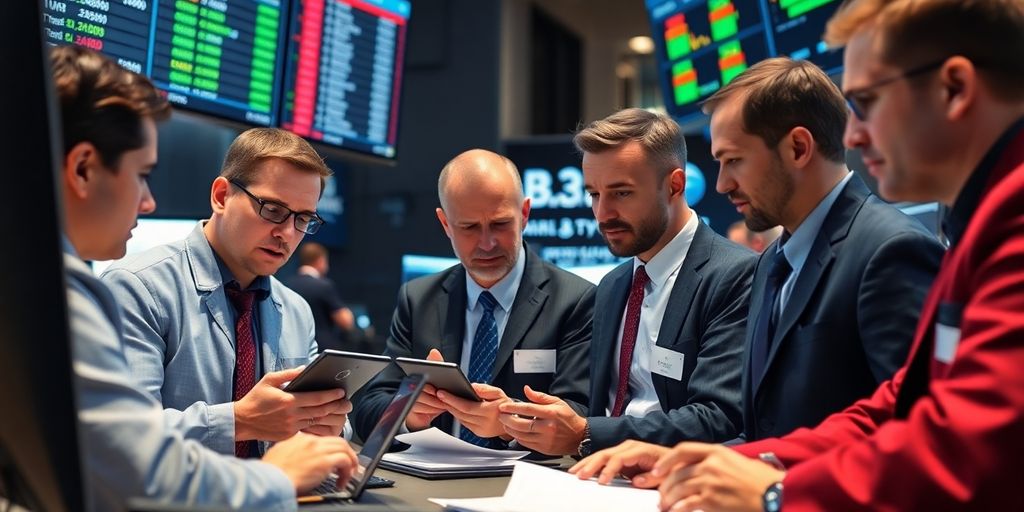 Traders collaborating in a dynamic options trading environment.