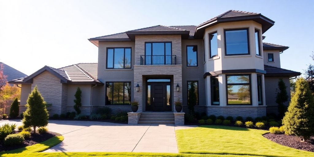 Modern custom home exterior with landscaping.