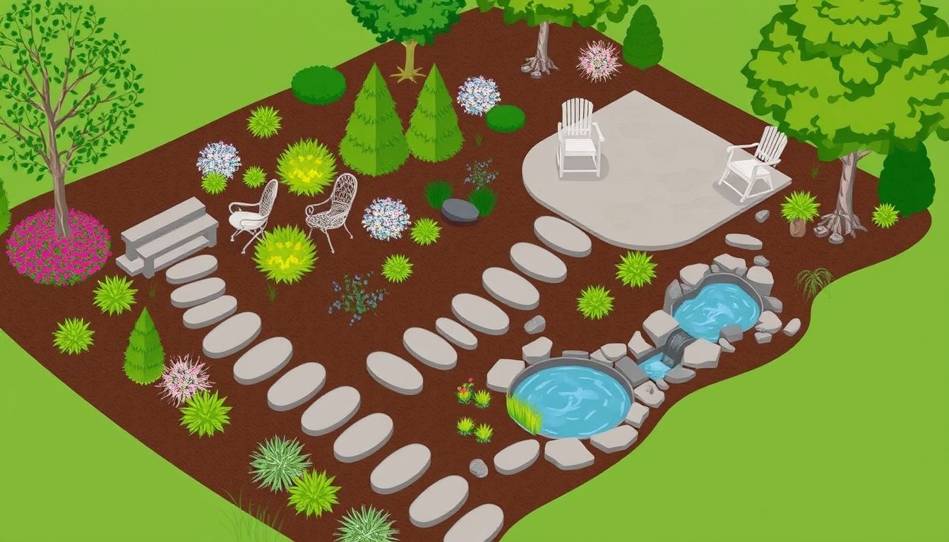 Garden with stone pathways and patio.