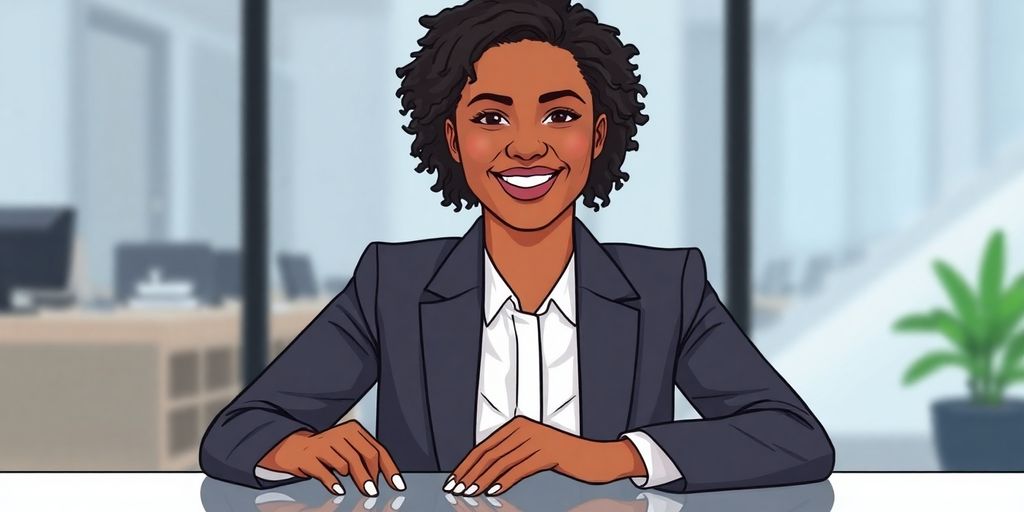 Person in suit, hands on desk, smiling.