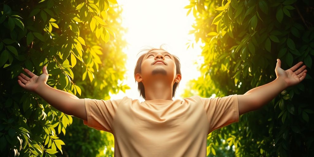 Person reaching for a bright light.