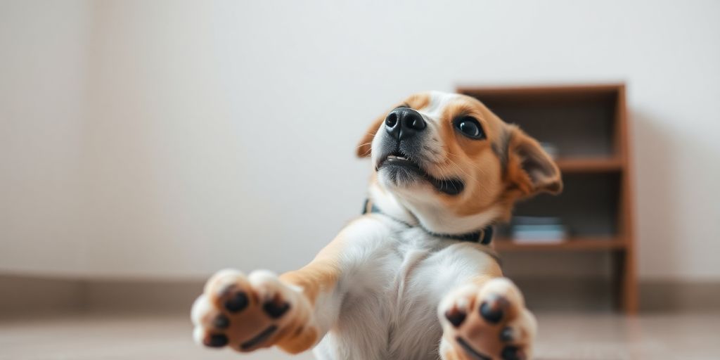 Dog performing a bow trick for its owner.