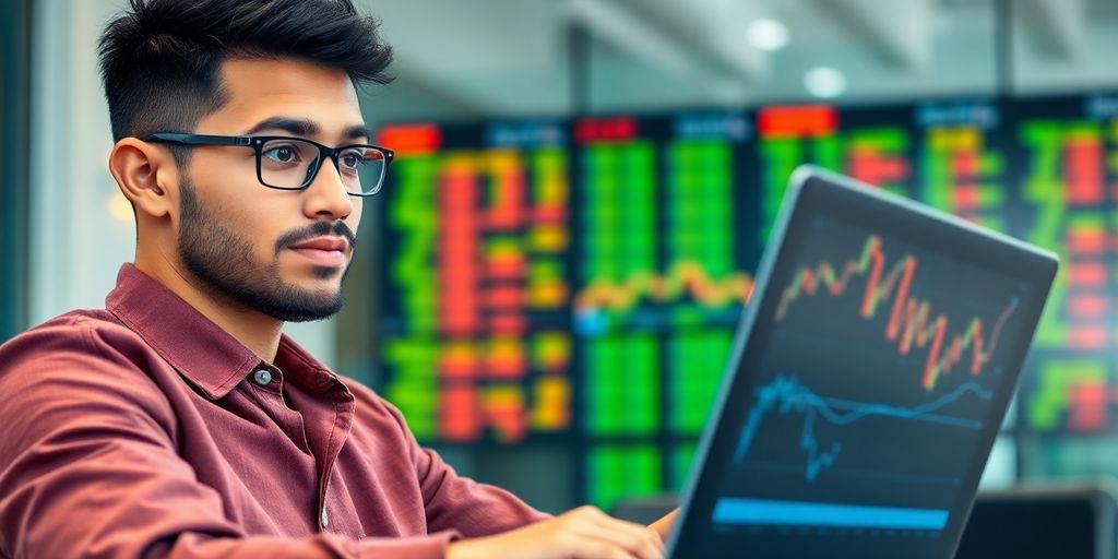 Person analyzing stock market on a laptop.