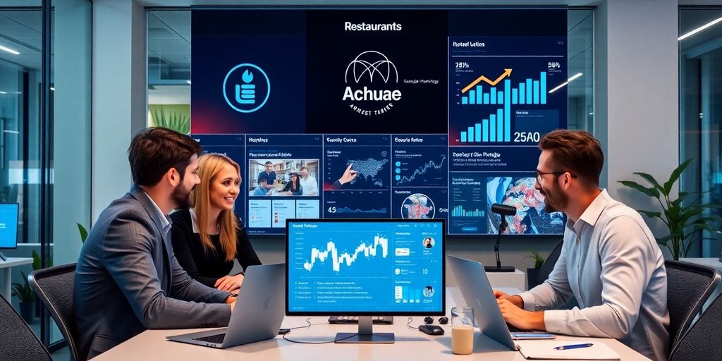 Profissionais de marketing digital colaborando em escritório moderno.