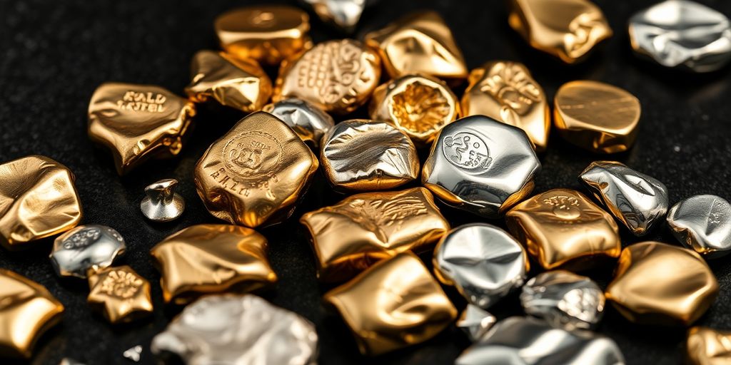 Collection de métaux précieux brillants sur une surface sombre.