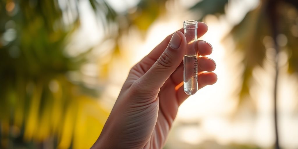 A close-up shot of a person's hand holding a small, clear test tube with a liquid inside. The background is blurred, but hints of a tropical, outdoor setting are visible.