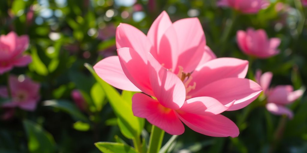 Close-up of pink oasis flower in lush green surroundings.
