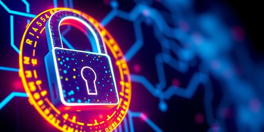 Secure blockchain email concept with digital lock and network.