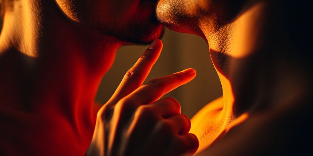 Man's hand gently touching another man's neck.