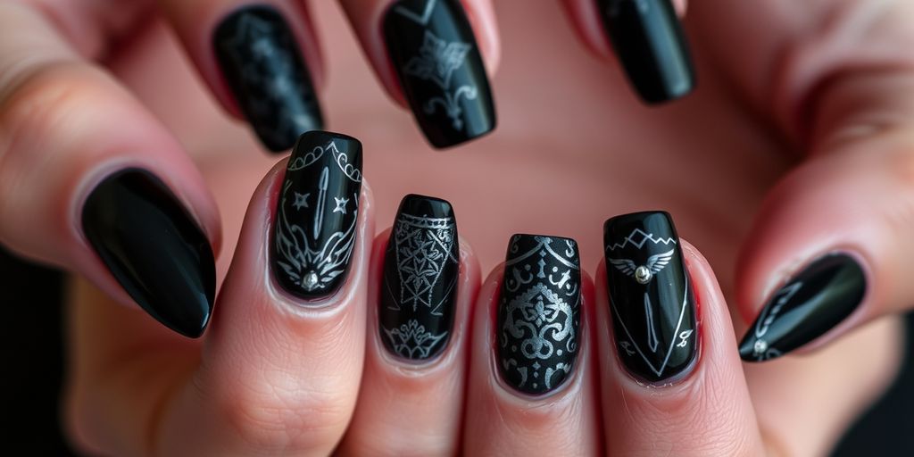 Hands with black and silver gothic nail art