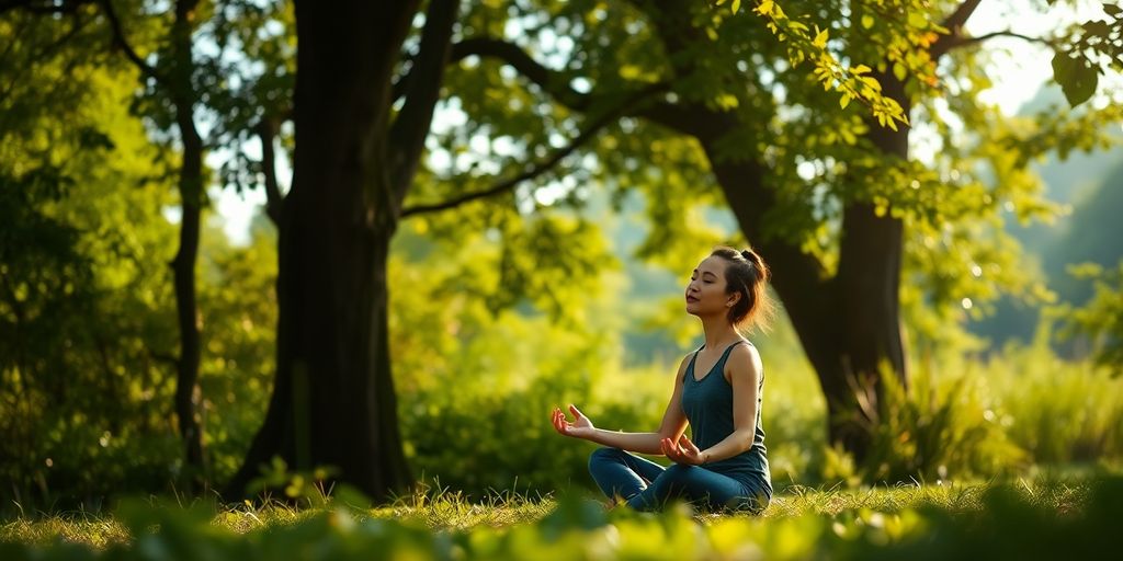 Person meditating in a tranquil natural setting.