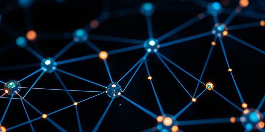 Close-up of digital blockchain nodes interconnected in vibrant colors.