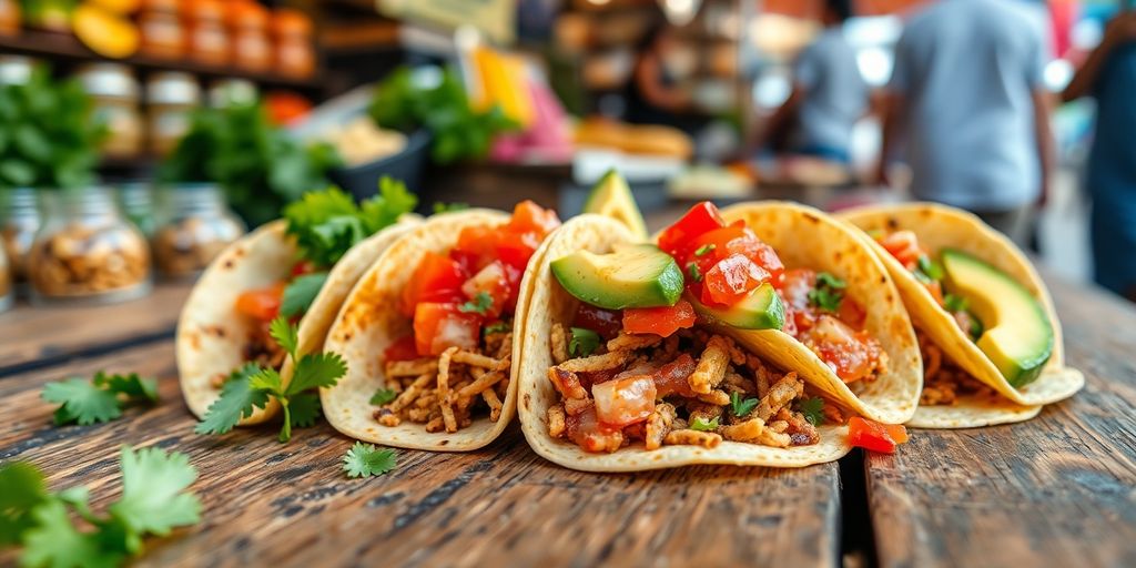Colorful tacos, fresh salsa, vibrant street food scene.