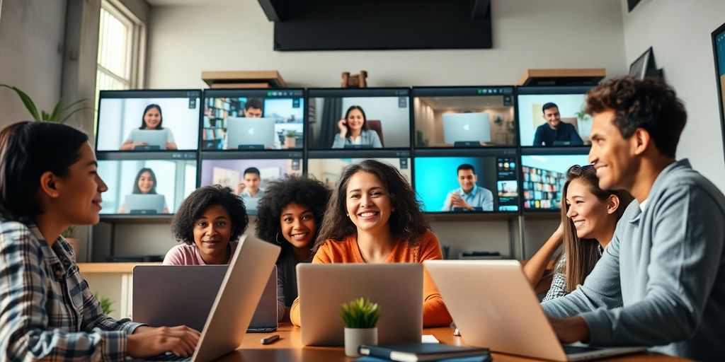 Diverse students participating in a virtual classroom discussion.