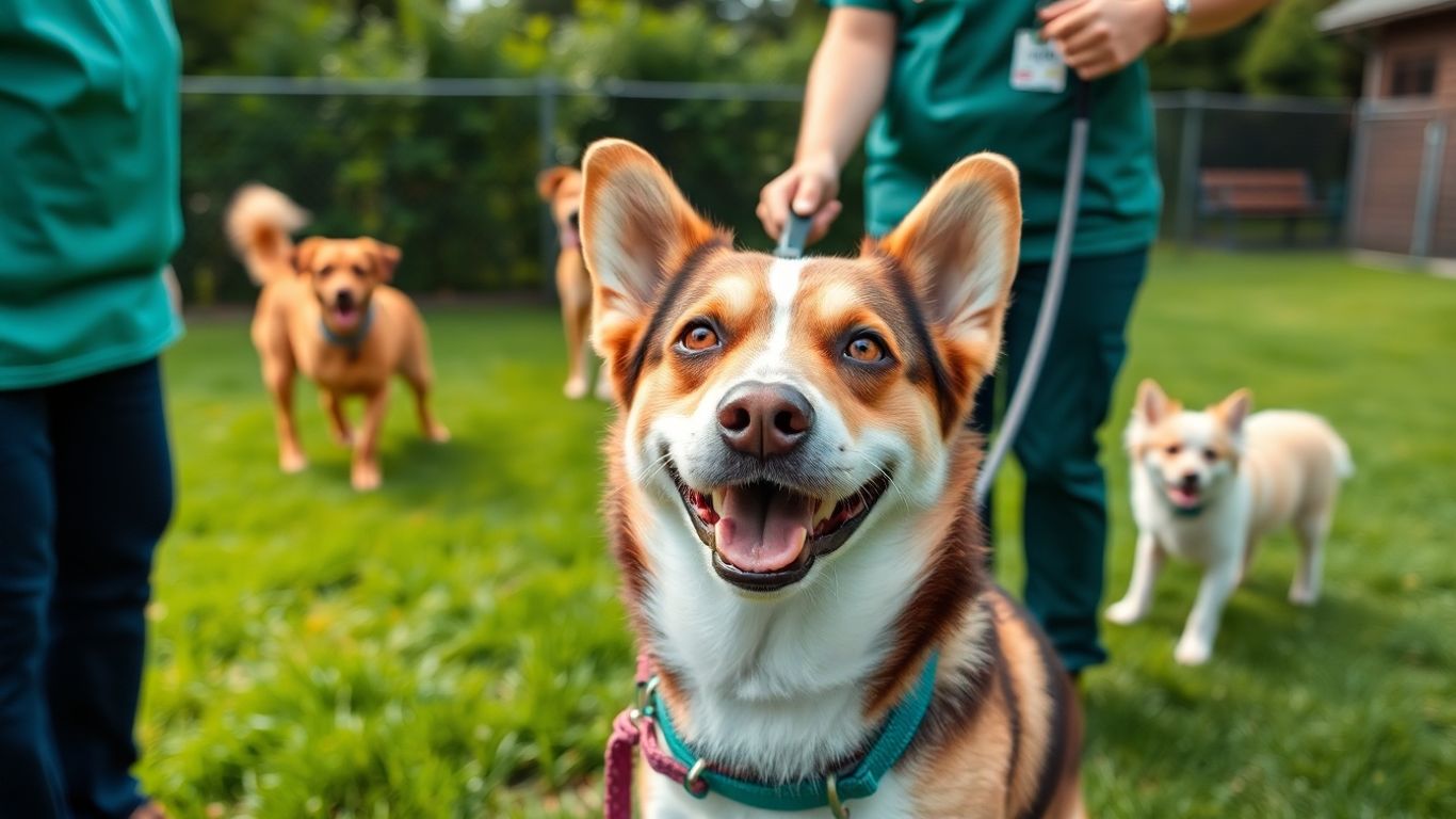 Happy dog greeted by staff at doggy day care.