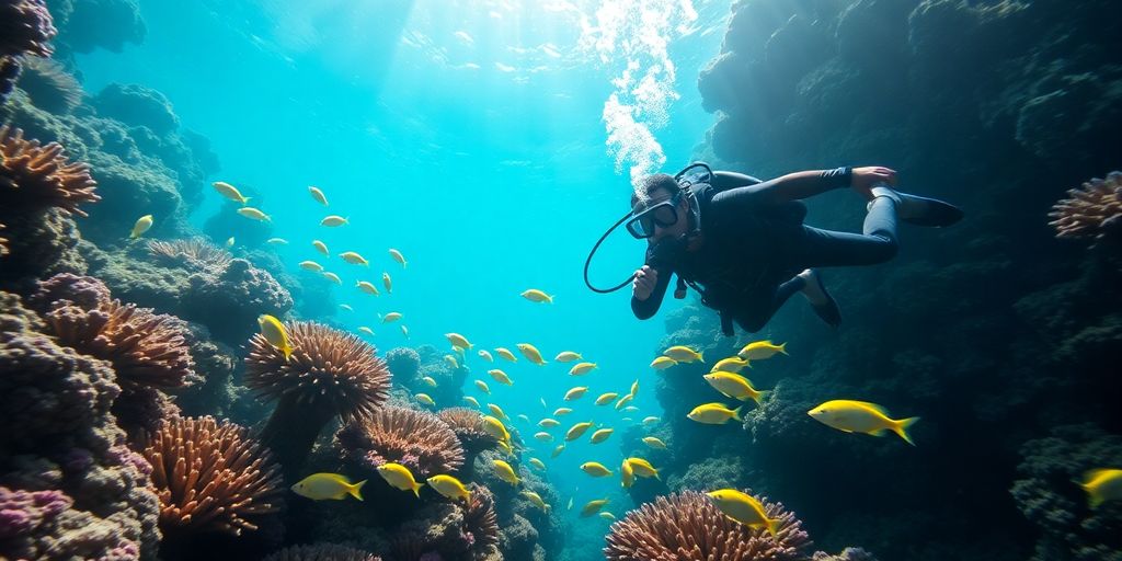 Diver exploring vibrant coral reef with diverse marine life.