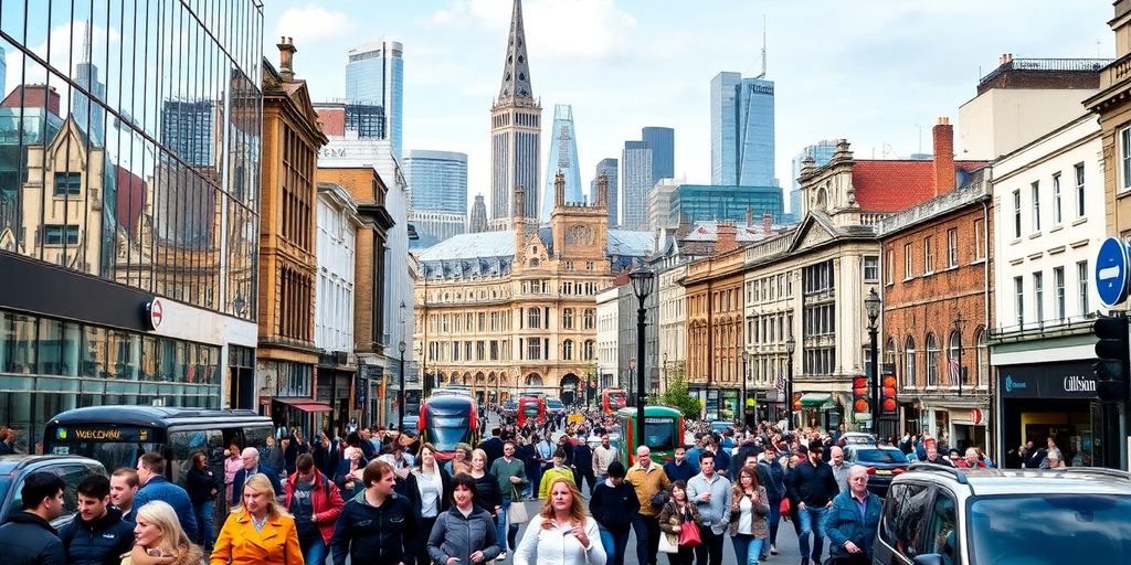 Diverse UK cityscapes, people, and historical buildings.