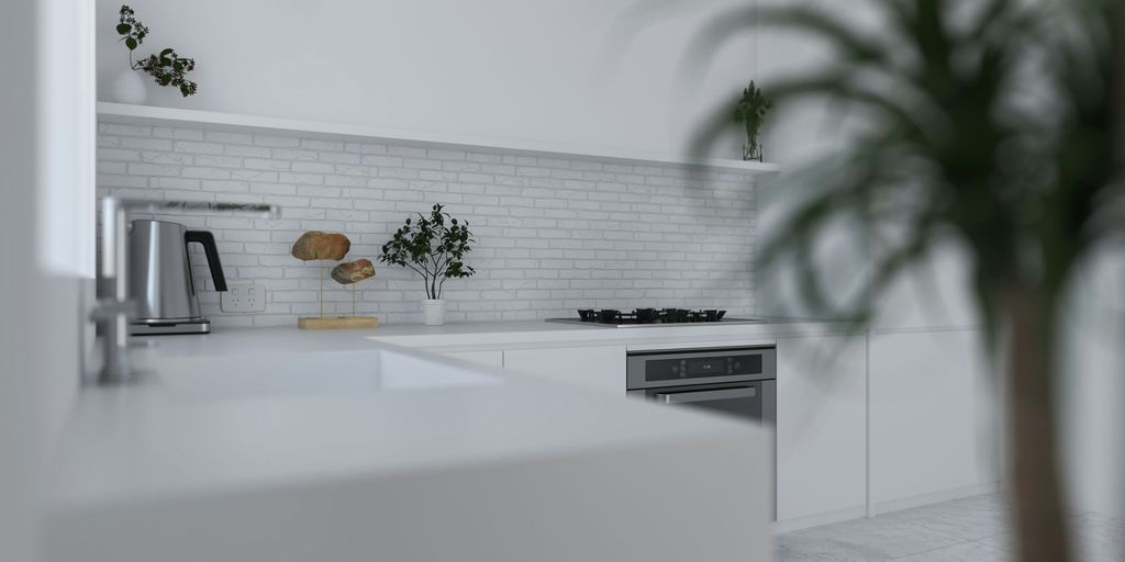 a kitchen with a palm tree