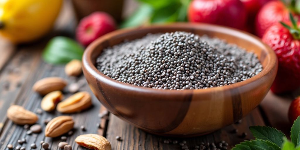 Bowl of chia seeds with fruits and nuts