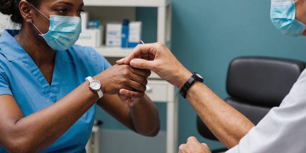 Healthcare worker giving vaccine to patient's arm