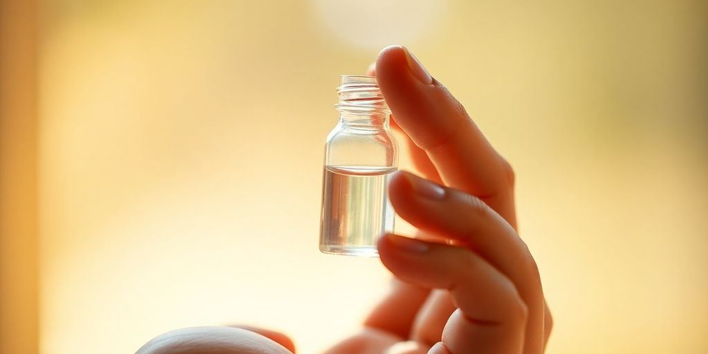 Person's hand holding a small, clear vial.