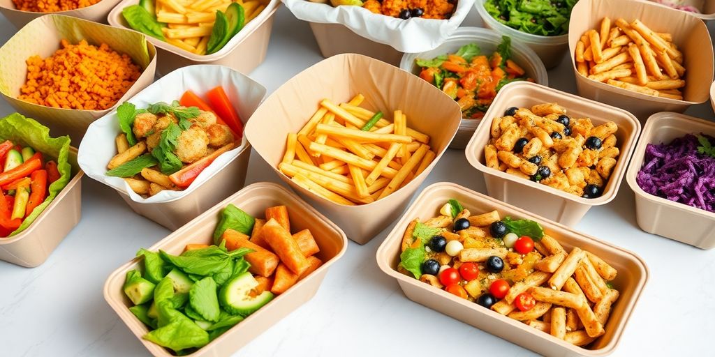 Biodegradable food containers stacked neatly.