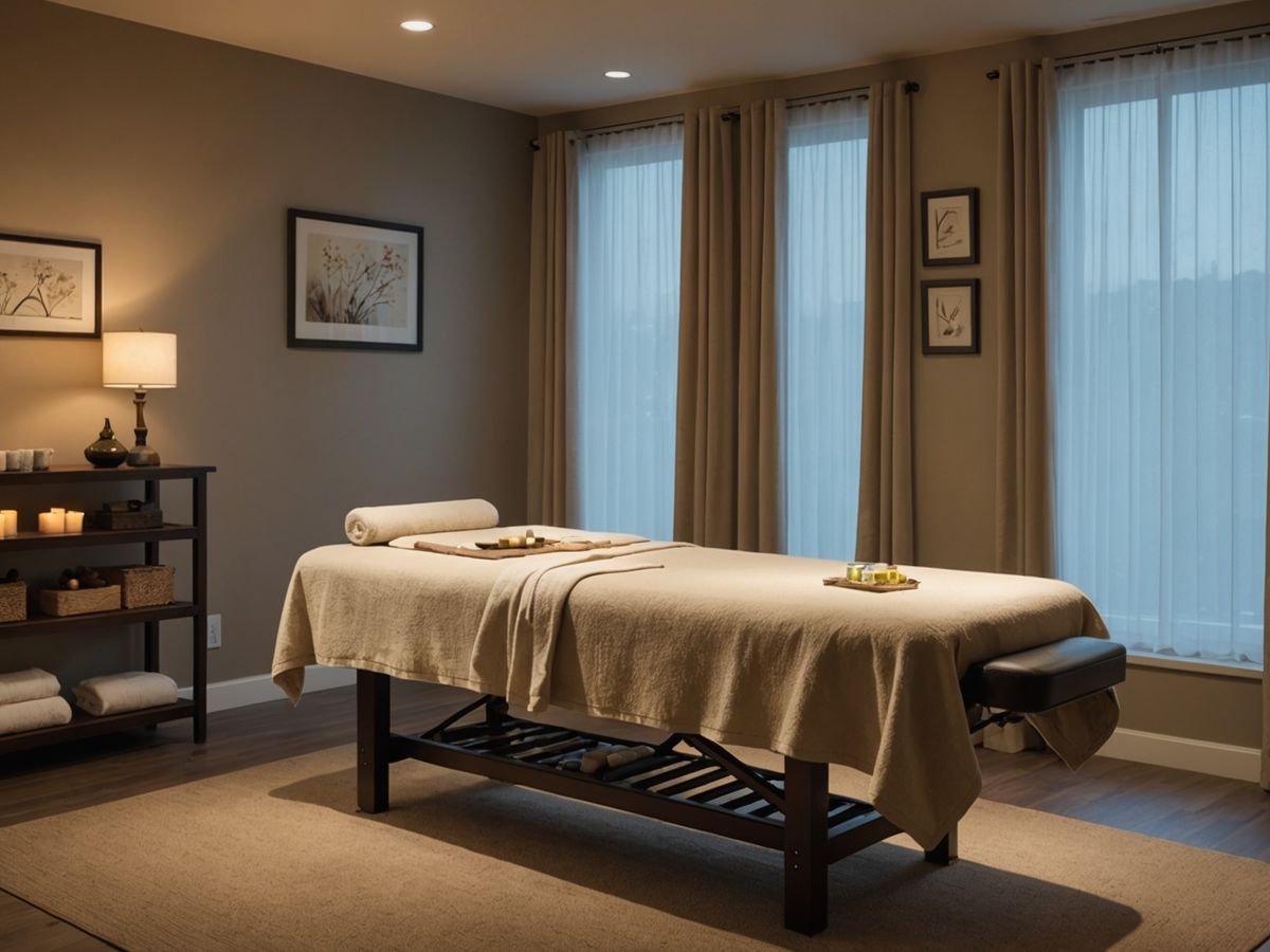 Serene spa room with massage table and calming decor.
