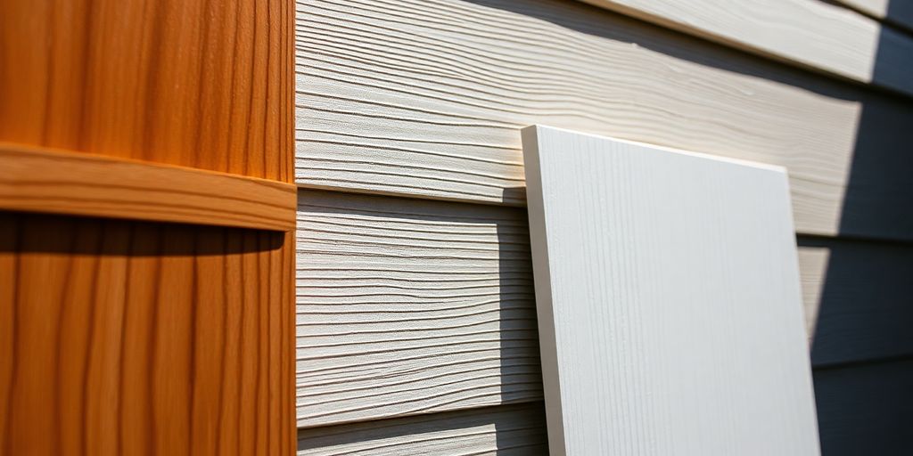 Close-up of diverse siding materials: wood, vinyl, fiber cement.