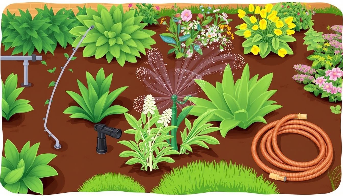 Various garden irrigation systems in a lush garden.