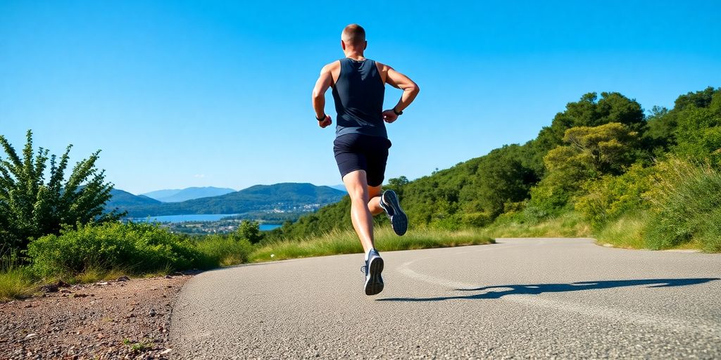 Runner training outdoors on a marathon route.