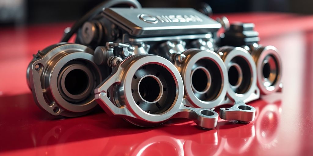 New Nissan engine parts on a clean surface.