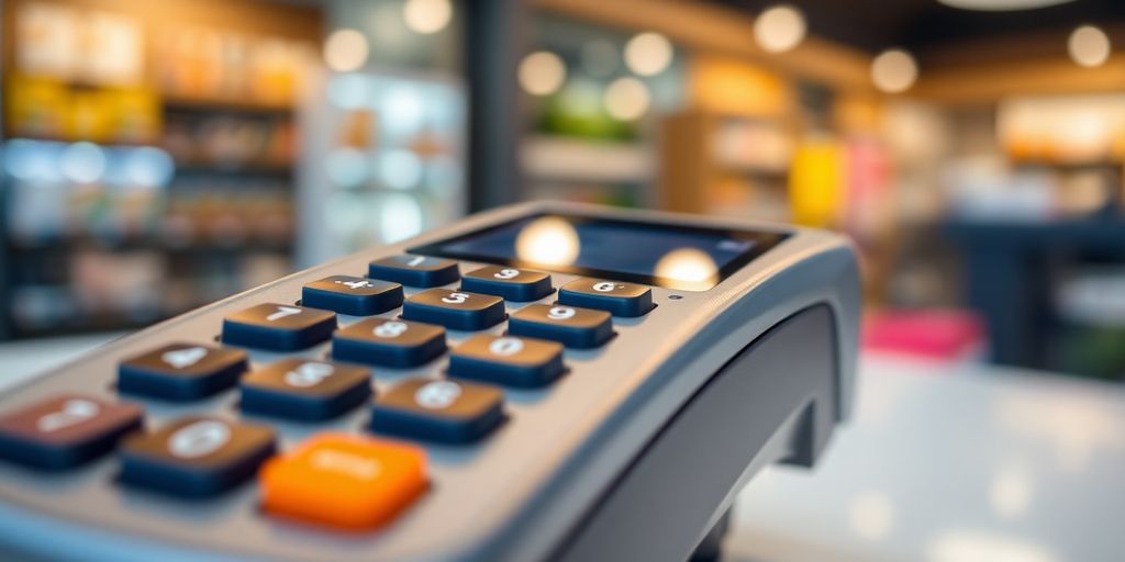 A close-up of a secure payment terminal.