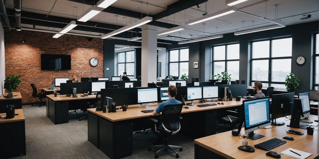 Team of web developers collaborating in a modern office.