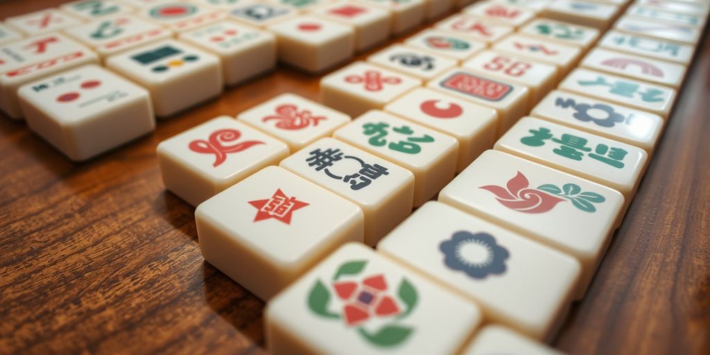 American Mahjong wind tiles on a wooden table.