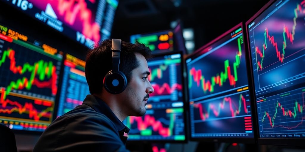 Trader analyzing market data in a vibrant trading environment.