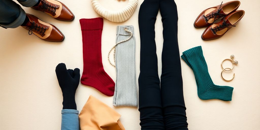 Wide leg knee high socks styled with shoes and accessories.