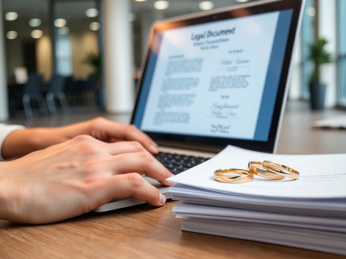 Cuplu, laptop, inele, documente, calculator, semnătură, online, avocat, divorț.