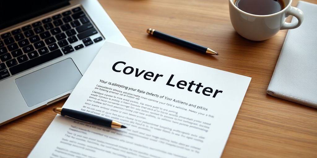 Professional cover letter on a desk with a laptop and coffee.