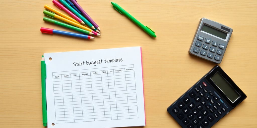 Flat-lay of budgeting tools on a wooden table.