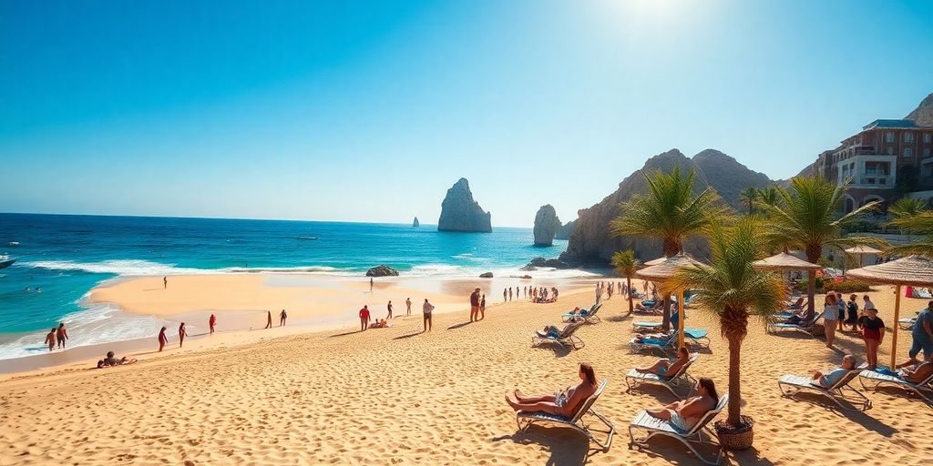 Tourists relaxing on a sunny beach in Cabo.