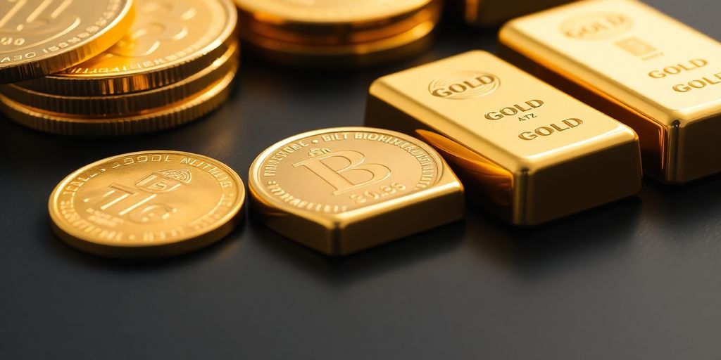 Várias moedas e barras de ouro brilhantes em uma superfície escura.