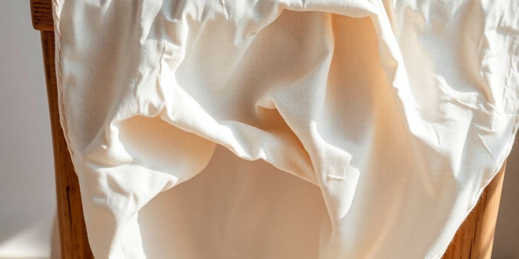 Wrinkled linen fabric draped over a wooden chair.