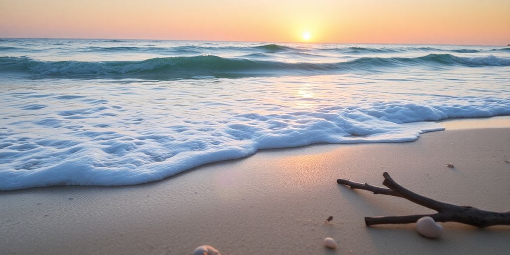 Coastal scene with waves, sand, and sunset glow.