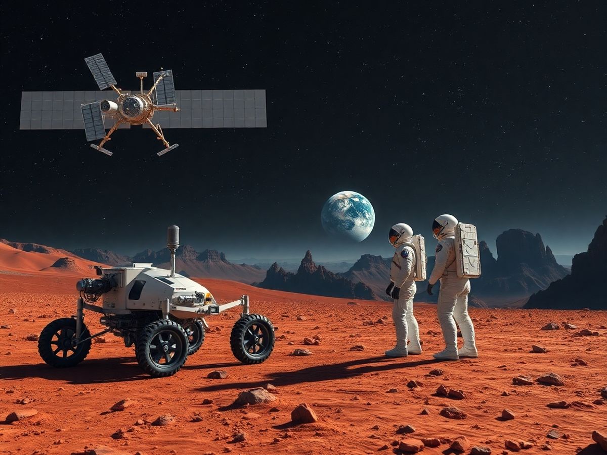 Doi astronauți lângă rover pe suprafața unei planete stâncoase îndepărtate