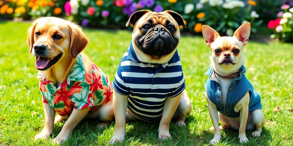 Fashionable dogs in various shirts, outdoor setting.