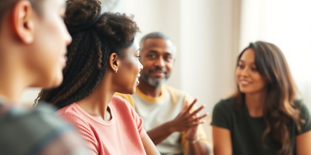 Diverse group in therapy, focused on a speaker.