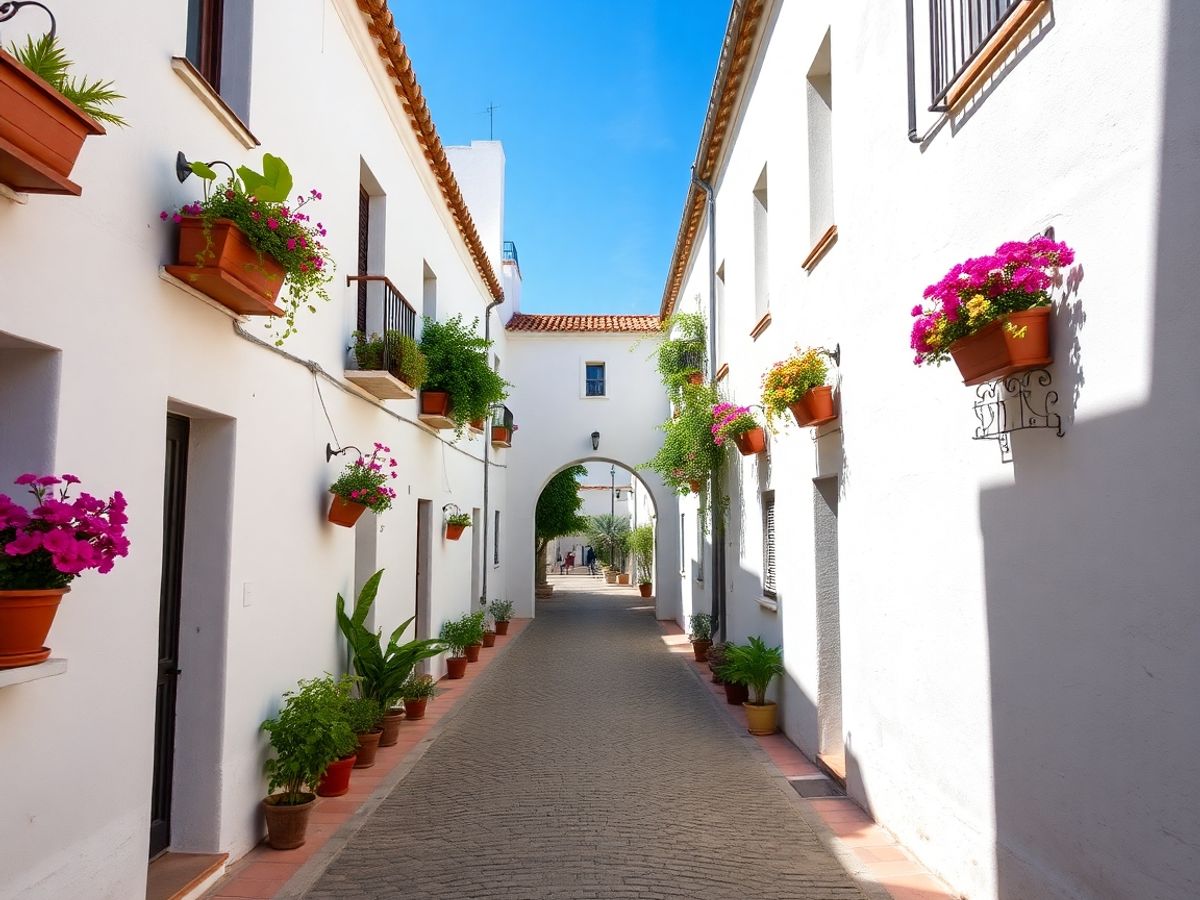 Cobblestone street in Marbella's Old Town with flowers.